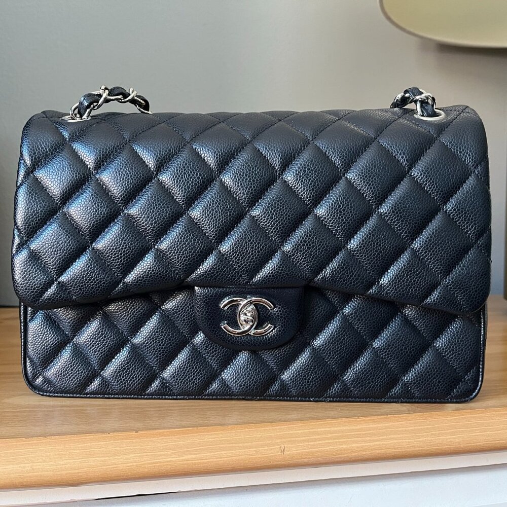 Black Caviar Double Flap Jumbo Leather Purse Bag